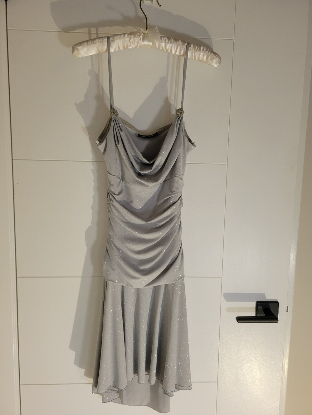 Vintage Y2K Jodi Kristopher Silver Draped Cowl Midi Dress